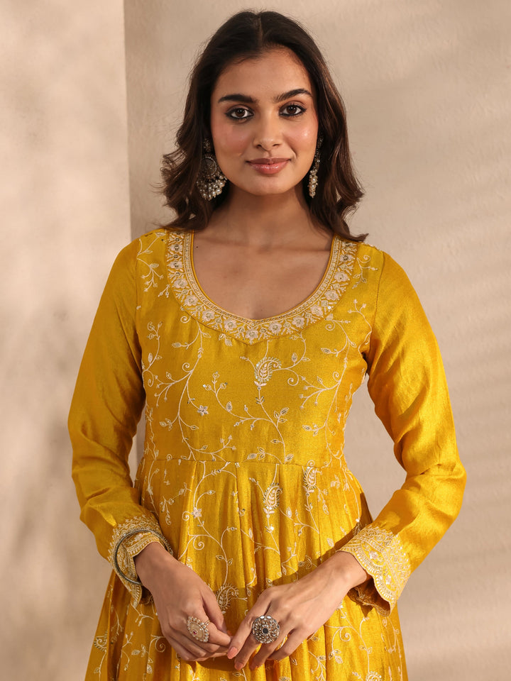 Mustard Embellished Silk Blend Anarkali Suit Set With Dupatta