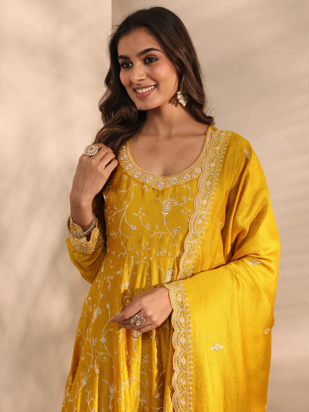 Mustard Embellished Silk Blend Anarkali Suit Set With Dupatta