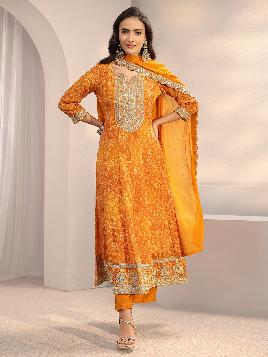 Orange Bandhani Printed Chinon Anarkali Suit Set With Dupatta