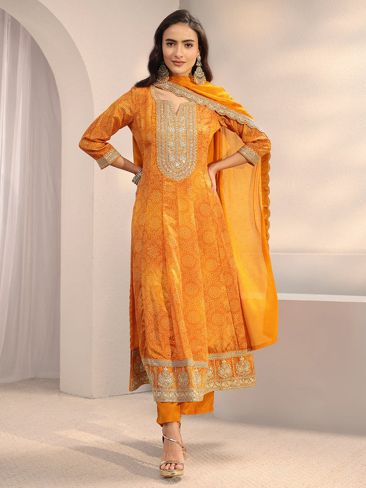 Orange Bandhani Printed Chinon Anarkali Suit Set With Dupatta