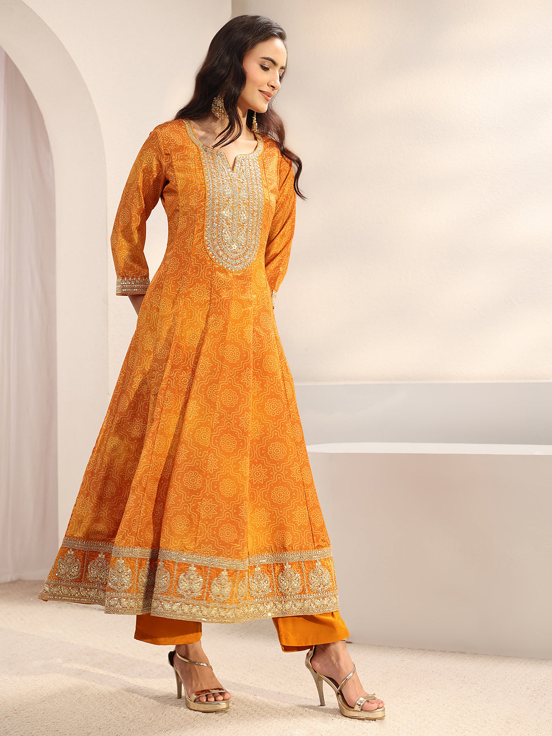 Orange Bandhani Printed Chinon Anarkali Suit Set With Dupatta