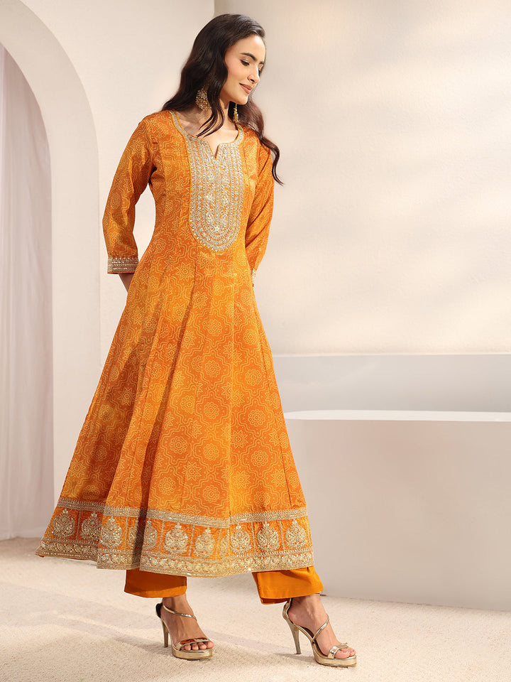Orange Bandhani Printed Chinon Anarkali Suit Set With Dupatta