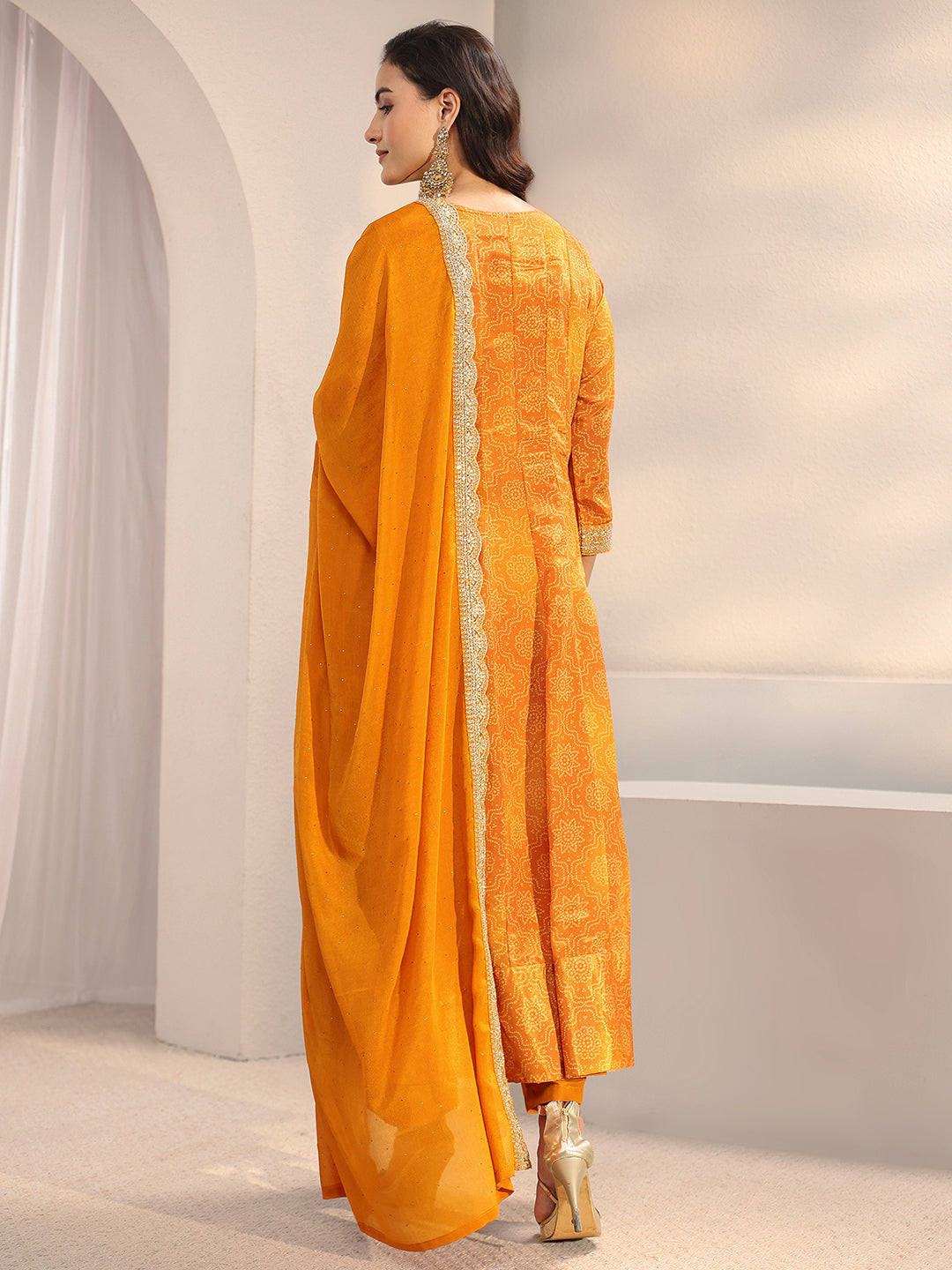Orange Bandhani Printed Chinon Anarkali Suit Set With Dupatta