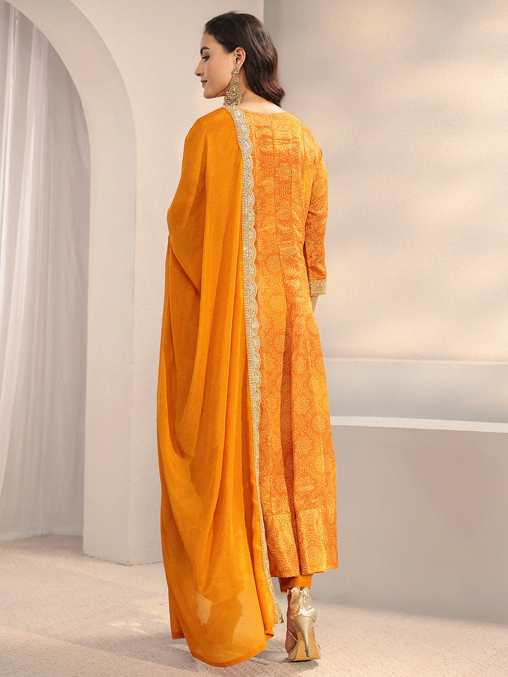 Orange Bandhani Printed Chinon Anarkali Suit Set With Dupatta