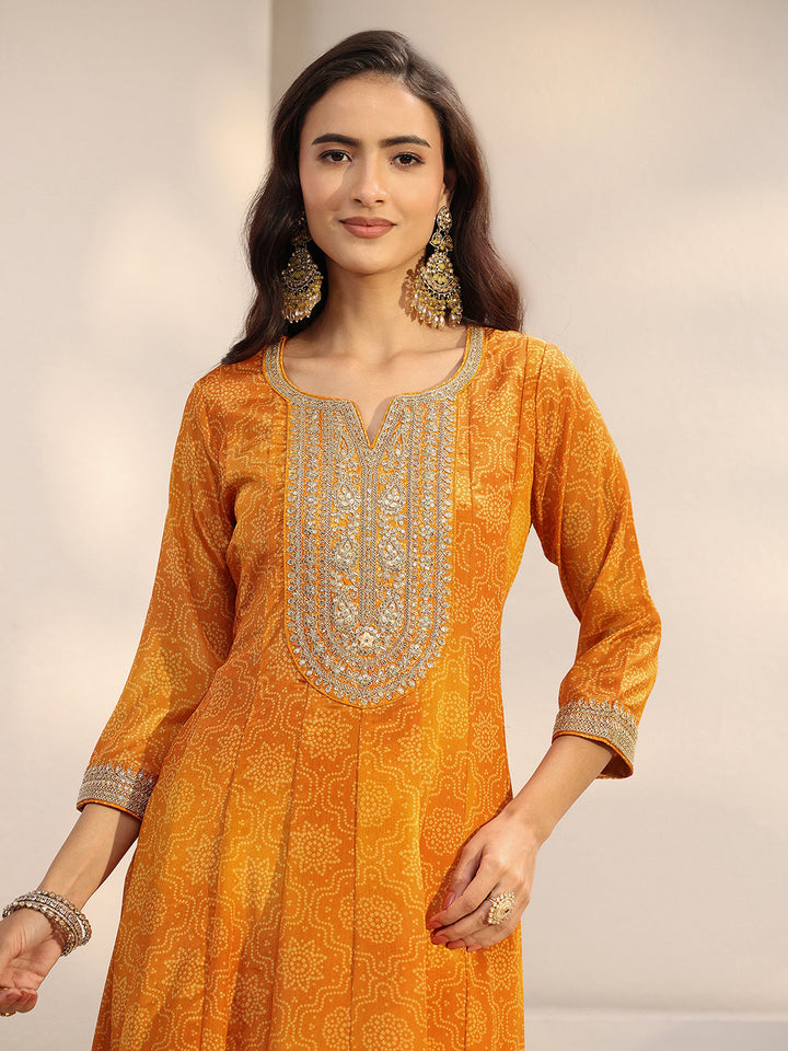 Orange Bandhani Printed Chinon Anarkali Suit Set With Dupatta