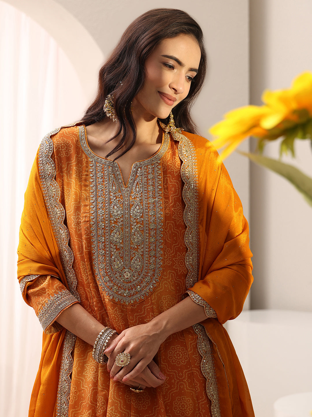 Orange Bandhani Printed Chinon Anarkali Suit Set With Dupatta