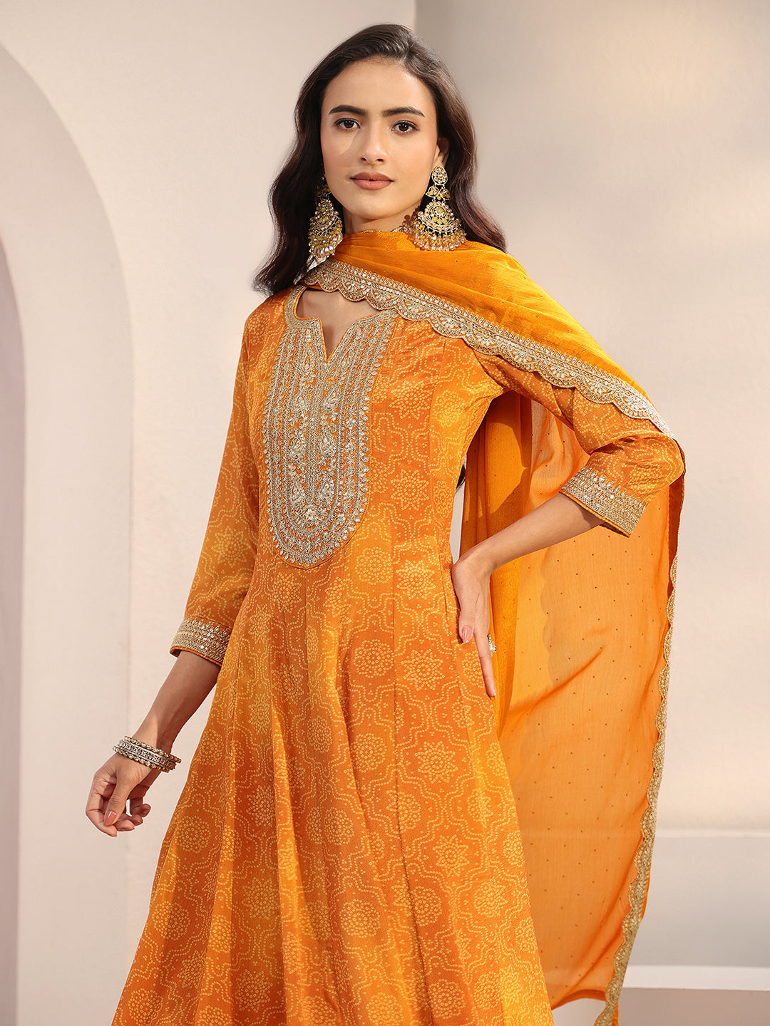 Orange Bandhani Printed Chinon Anarkali Suit Set With Dupatta
