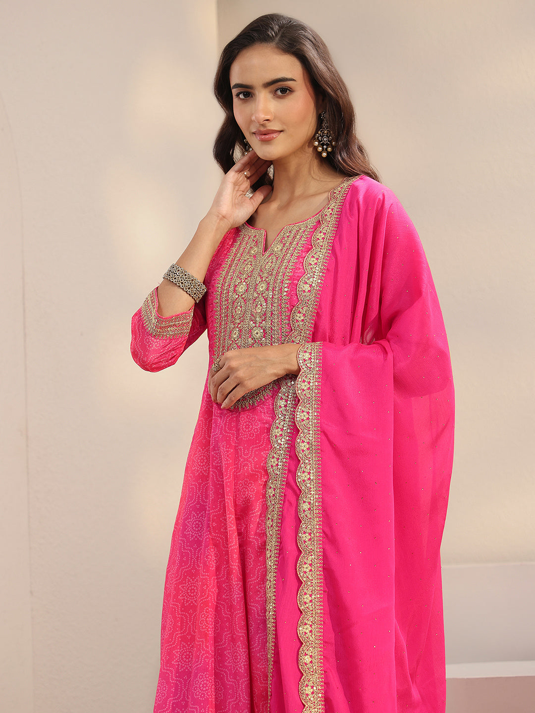 Pink Bandhani Printed Chinon Anarkali Suit Set With Dupatta