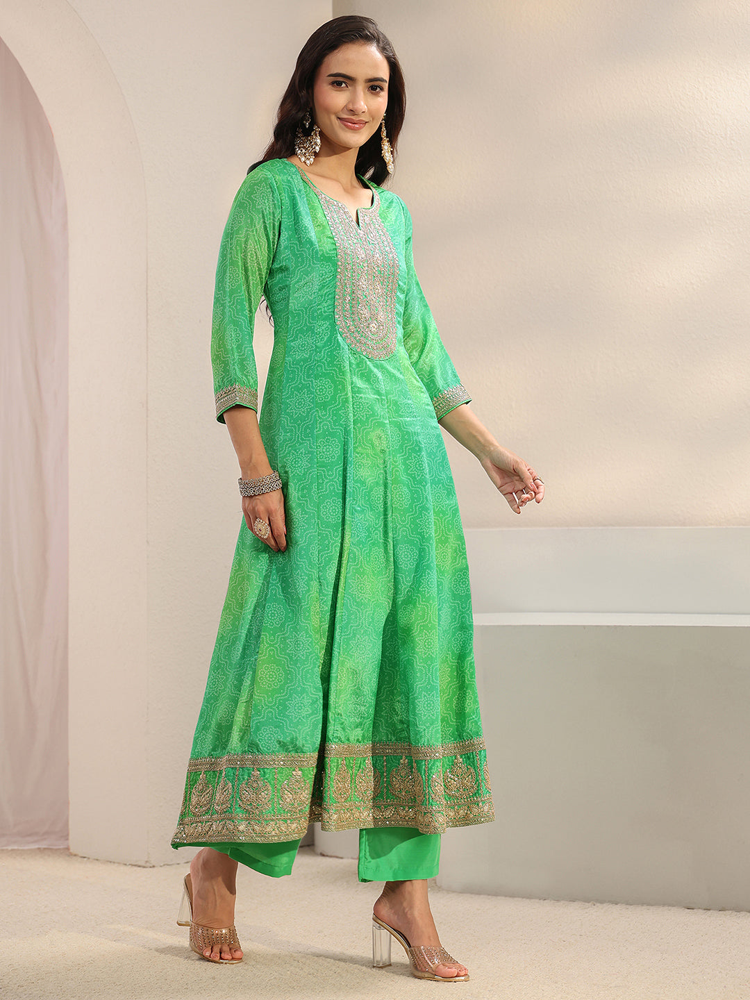Green Bandhani Printed Chinon Anarkali Suit Set With Dupatta