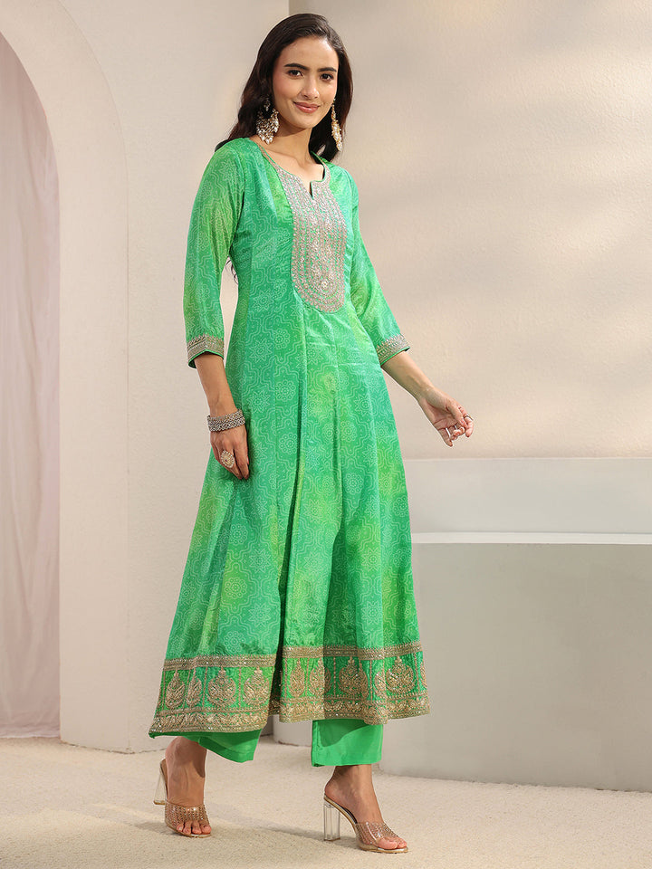 Green Bandhani Printed Chinon Anarkali Suit Set With Dupatta