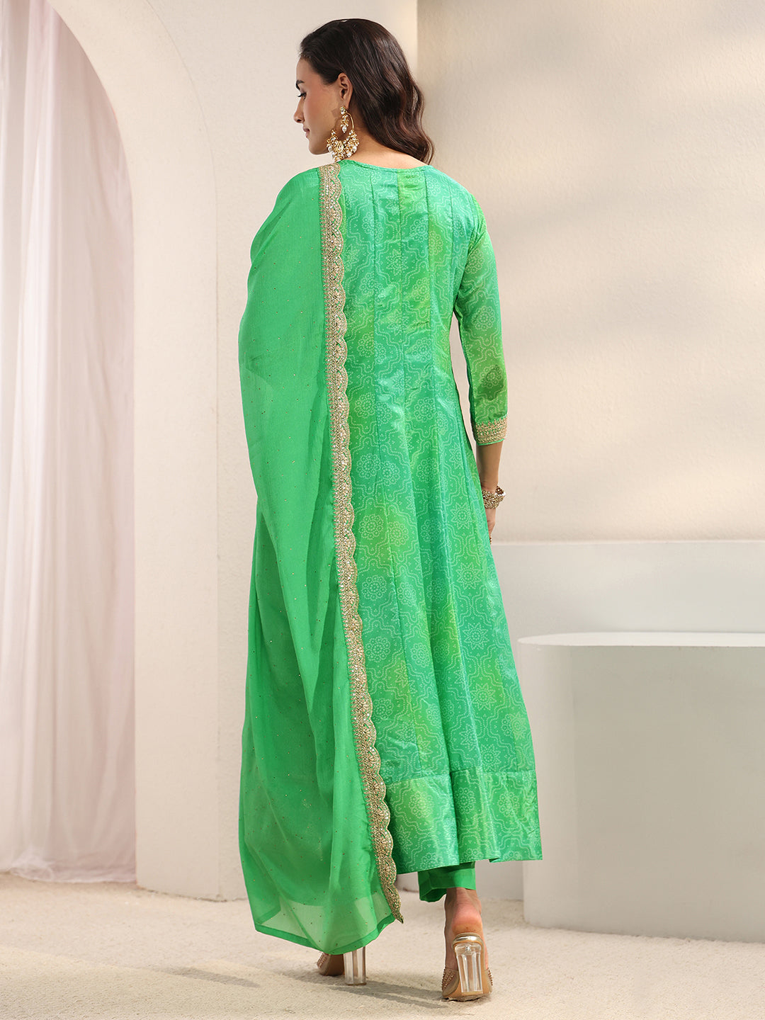 Green Bandhani Printed Chinon Anarkali Suit Set With Dupatta