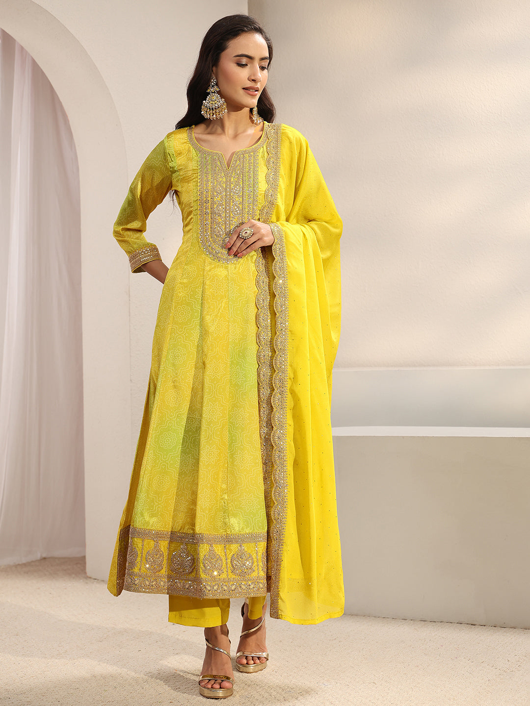Lime Green Bandhani Printed Chinon Anarkali Suit Set With Dupatta