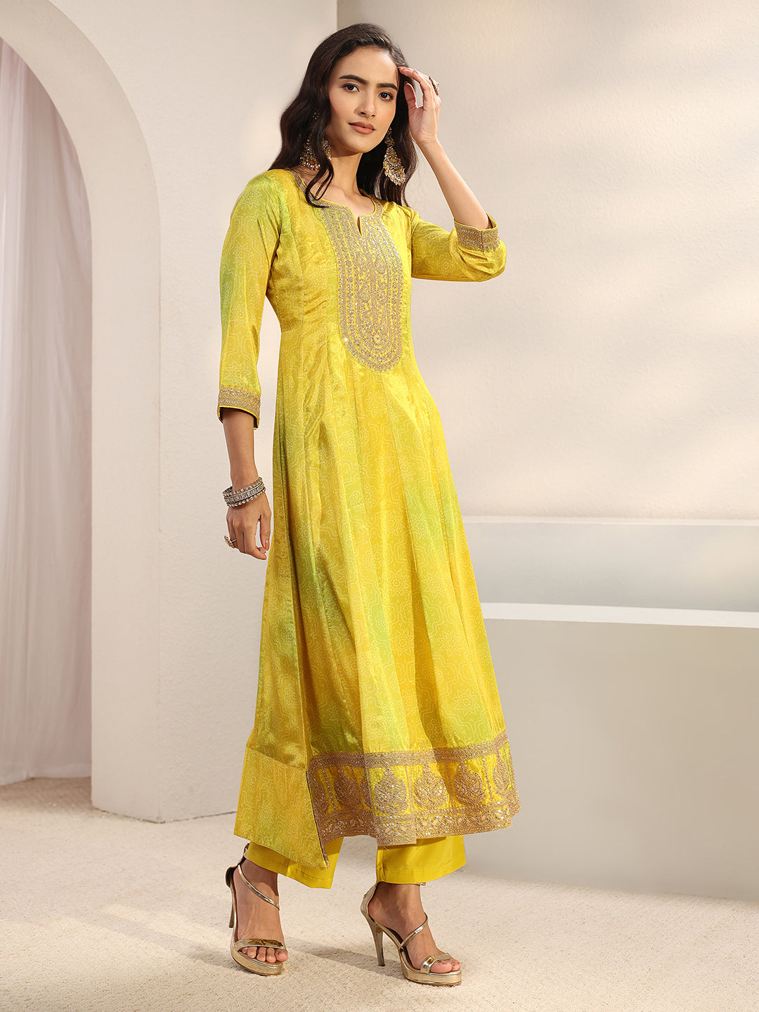 Lime Green Bandhani Printed Chinon Anarkali Suit Set With Dupatta