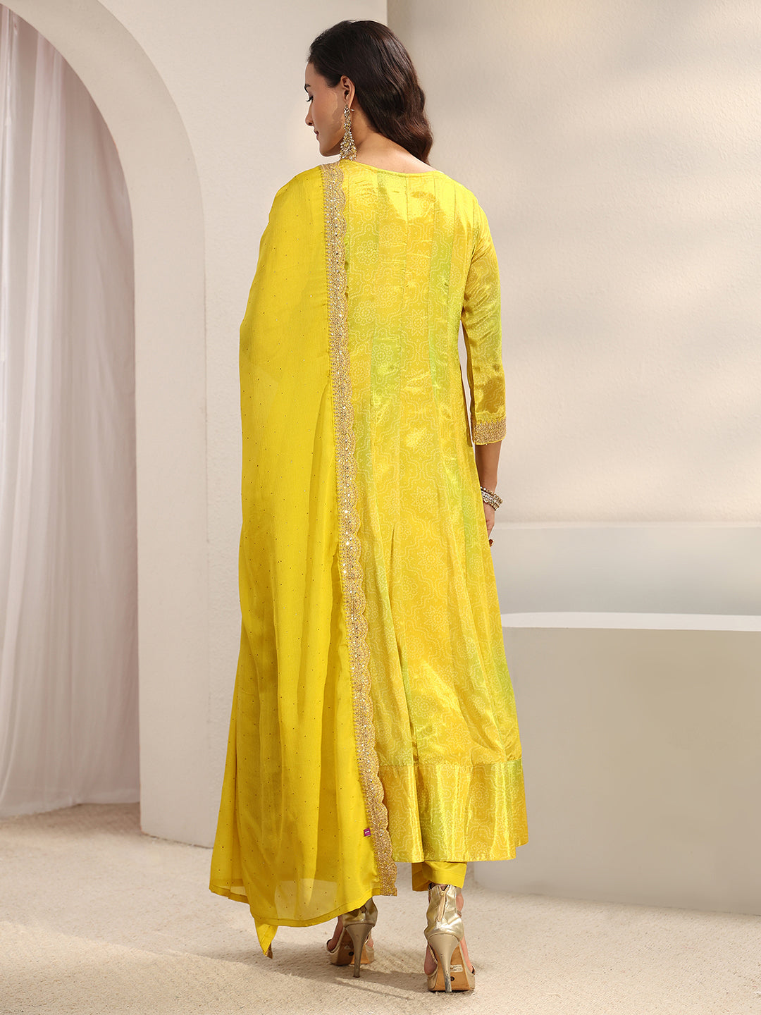 Lime Green Bandhani Printed Chinon Anarkali Suit Set With Dupatta