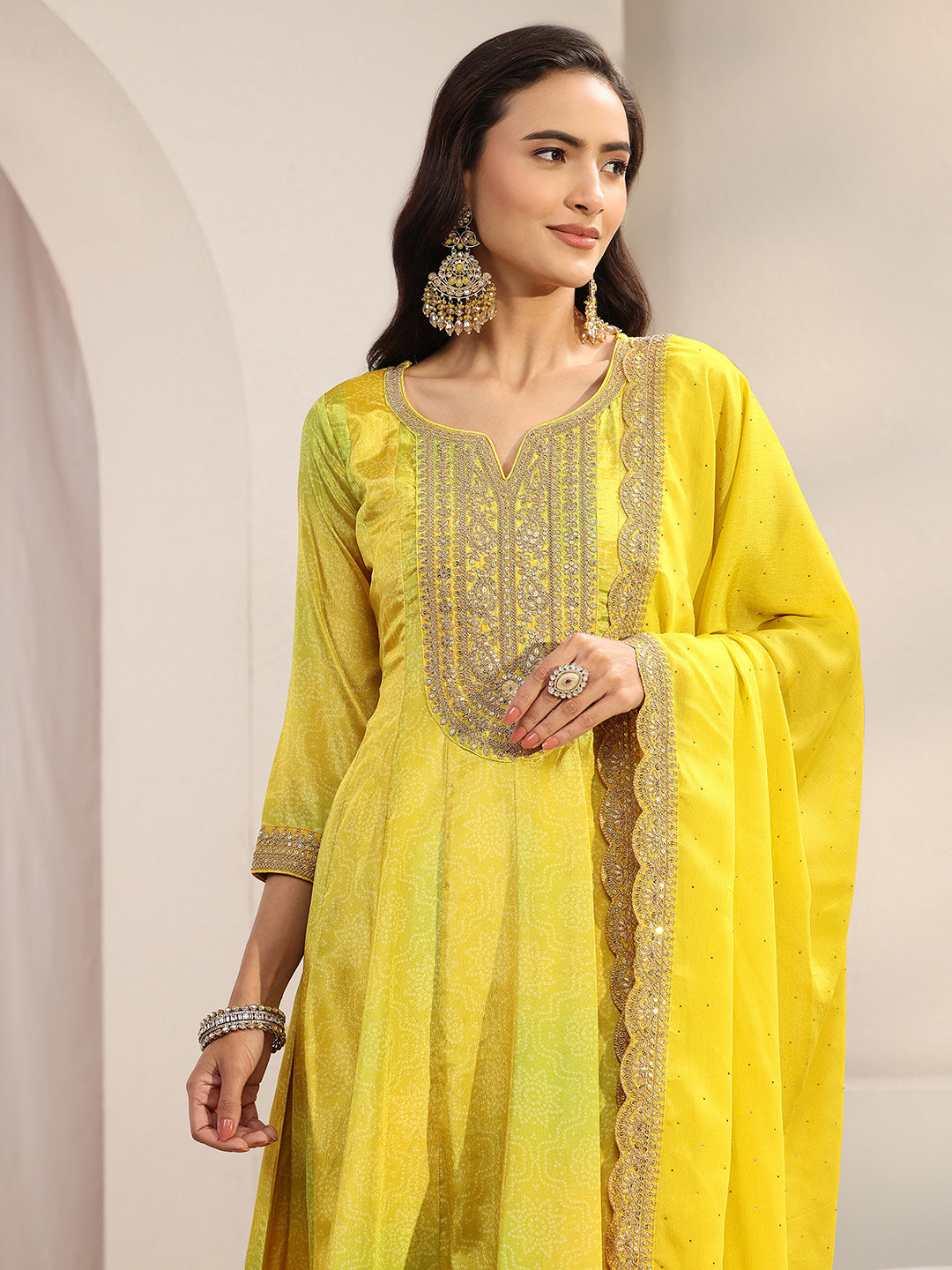 Lime Green Bandhani Printed Chinon Anarkali Suit Set With Dupatta