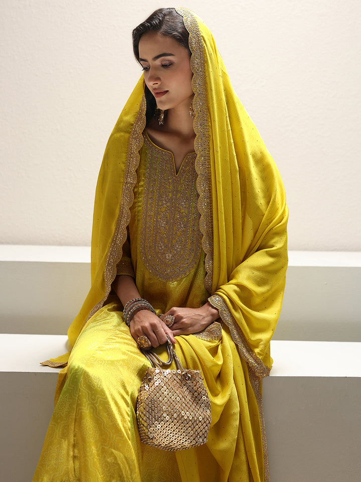Lime Green Bandhani Printed Chinon Anarkali Suit Set With Dupatta