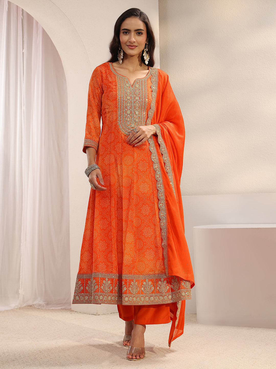 Orange Bandhani Printed Chinon Anarkali Suit Set With Dupatta