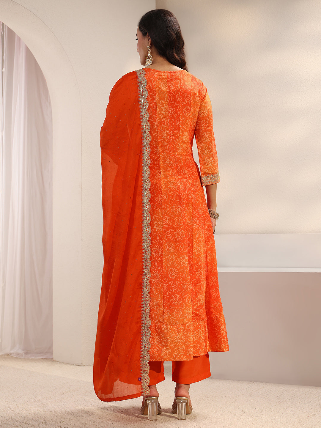 Orange Bandhani Printed Chinon Anarkali Suit Set With Dupatta