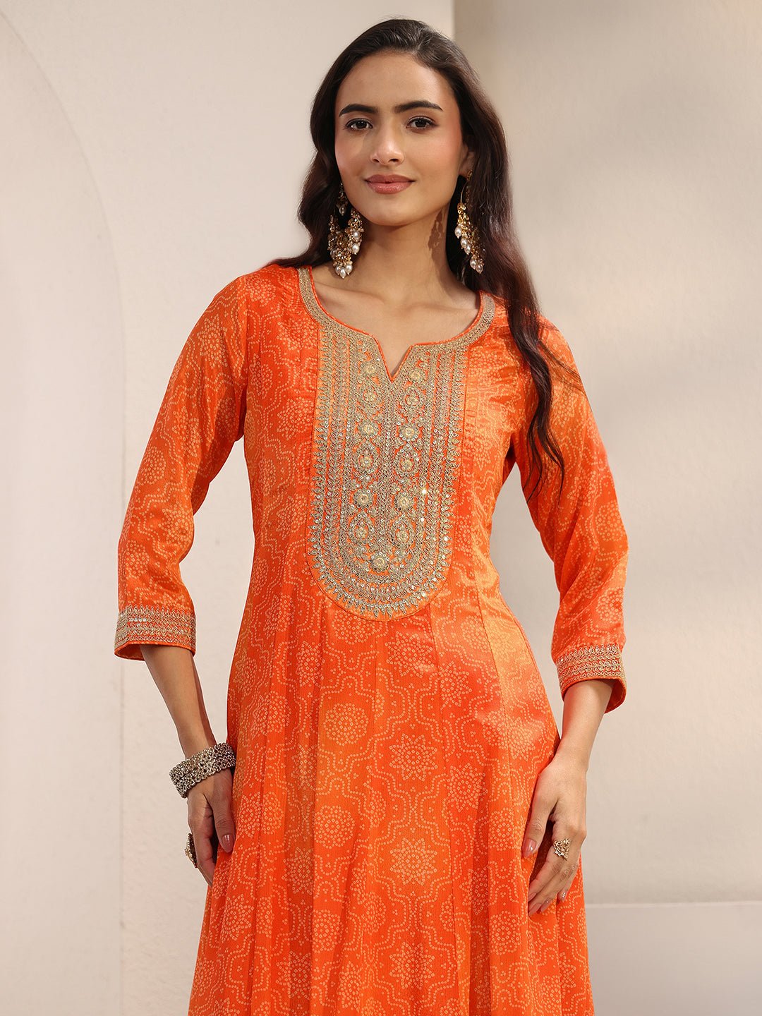 Orange Bandhani Printed Chinon Anarkali Suit Set With Dupatta
