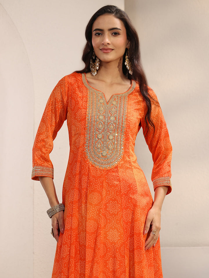 Orange Bandhani Printed Chinon Anarkali Suit Set With Dupatta