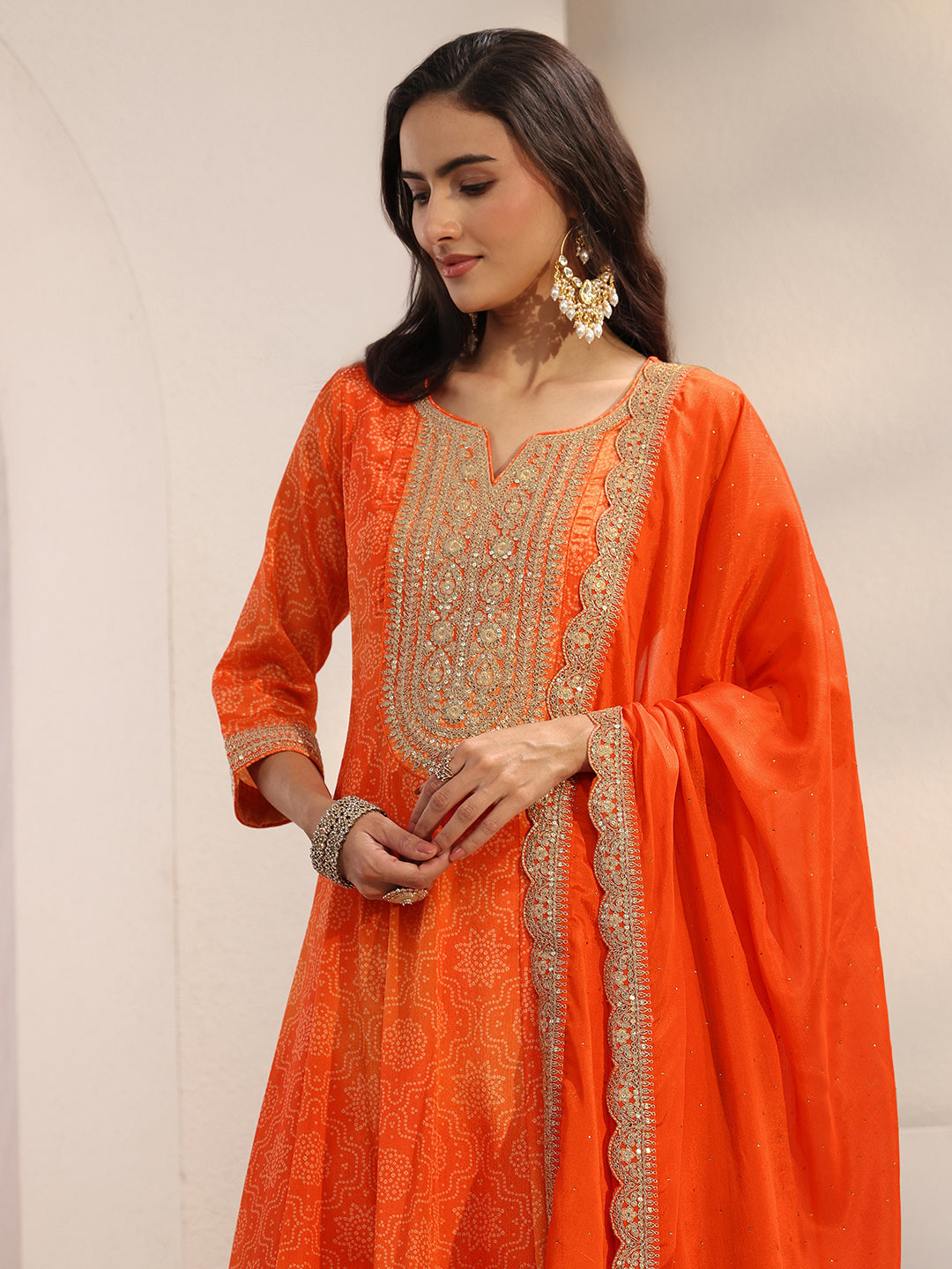 Orange Bandhani Printed Chinon Anarkali Suit Set With Dupatta