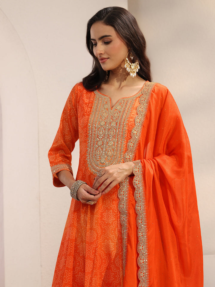 Orange Bandhani Printed Chinon Anarkali Suit Set With Dupatta