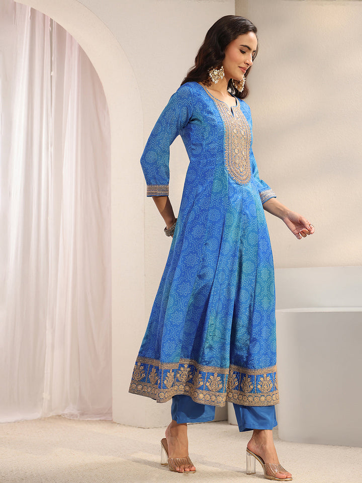 Blue Bandhani Printed Chinon Anarkali Suit Set With Dupatta