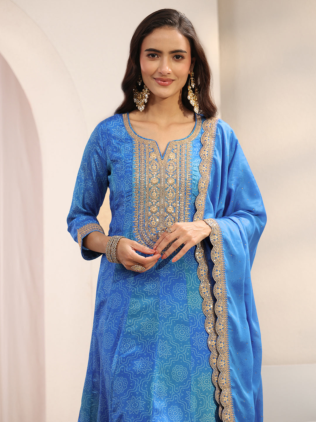 Blue Bandhani Printed Chinon Anarkali Suit Set With Dupatta