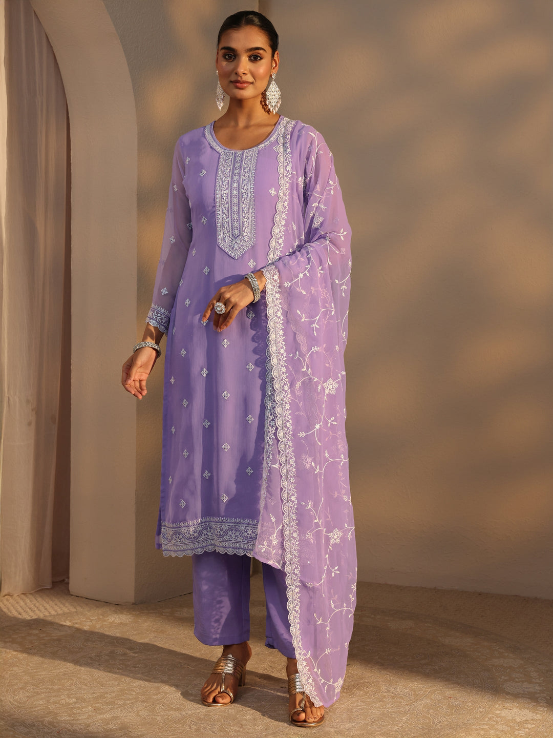 Lavender Floral Embroidered Silk Chiffon Straight Suit Set With Dupatta