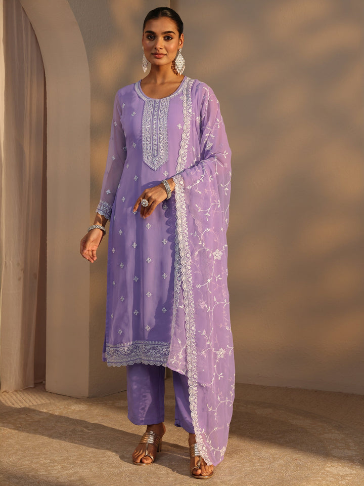 Lavender Floral Embroidered Silk Chiffon Straight Suit Set With Dupatta