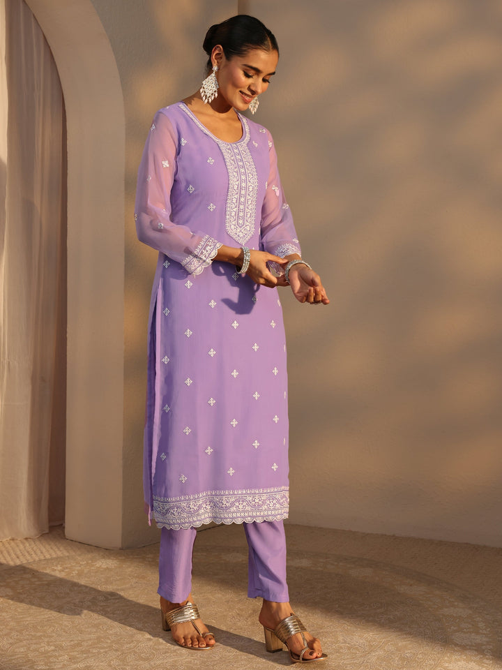Lavender Floral Embroidered Silk Chiffon Straight Suit Set With Dupatta