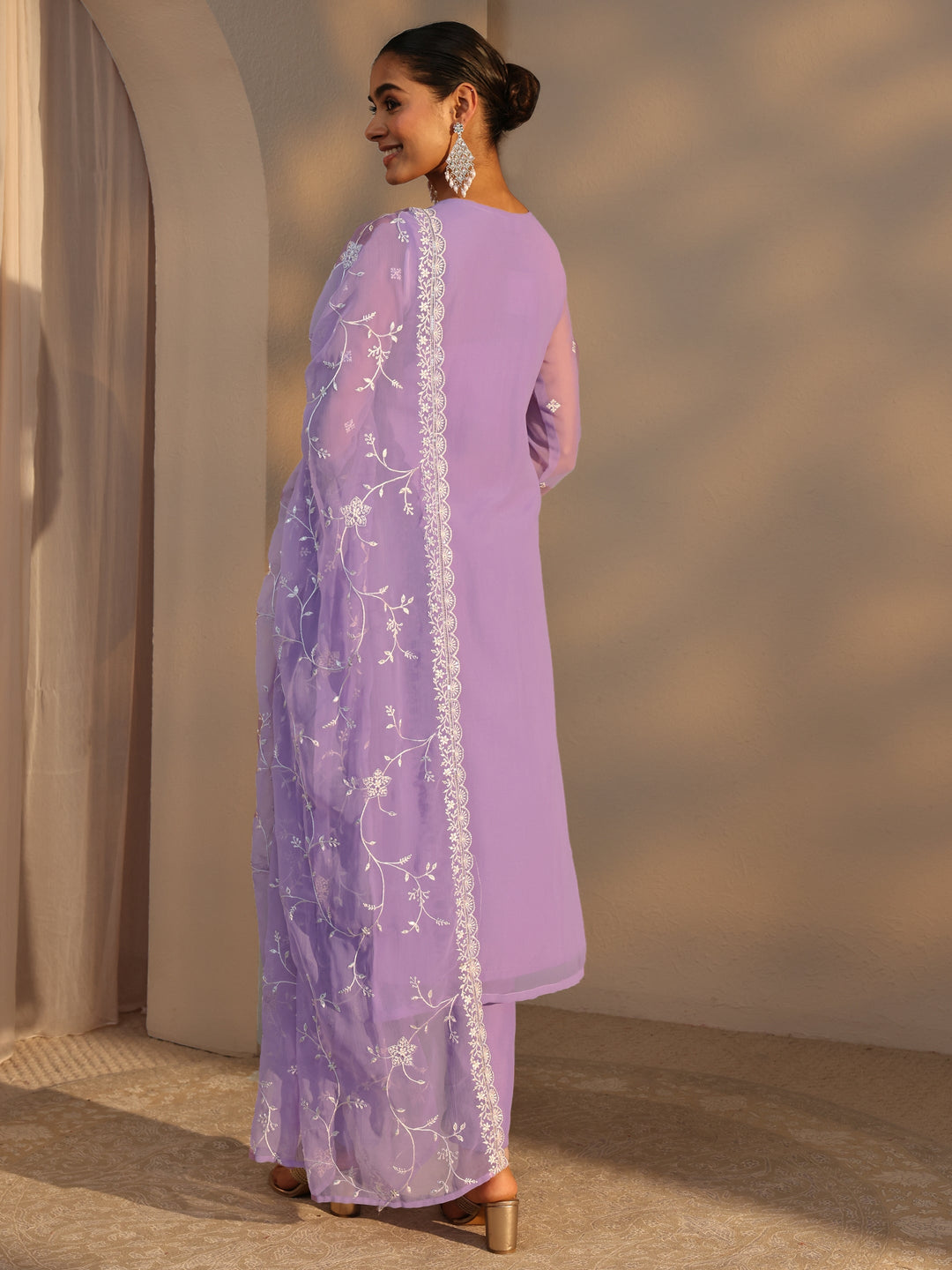 Lavender Floral Embroidered Silk Chiffon Straight Suit Set With Dupatta