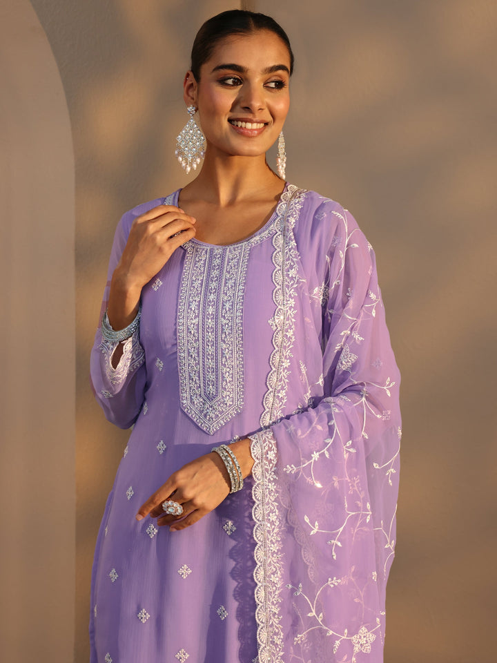 Lavender Floral Embroidered Silk Chiffon Straight Suit Set With Dupatta