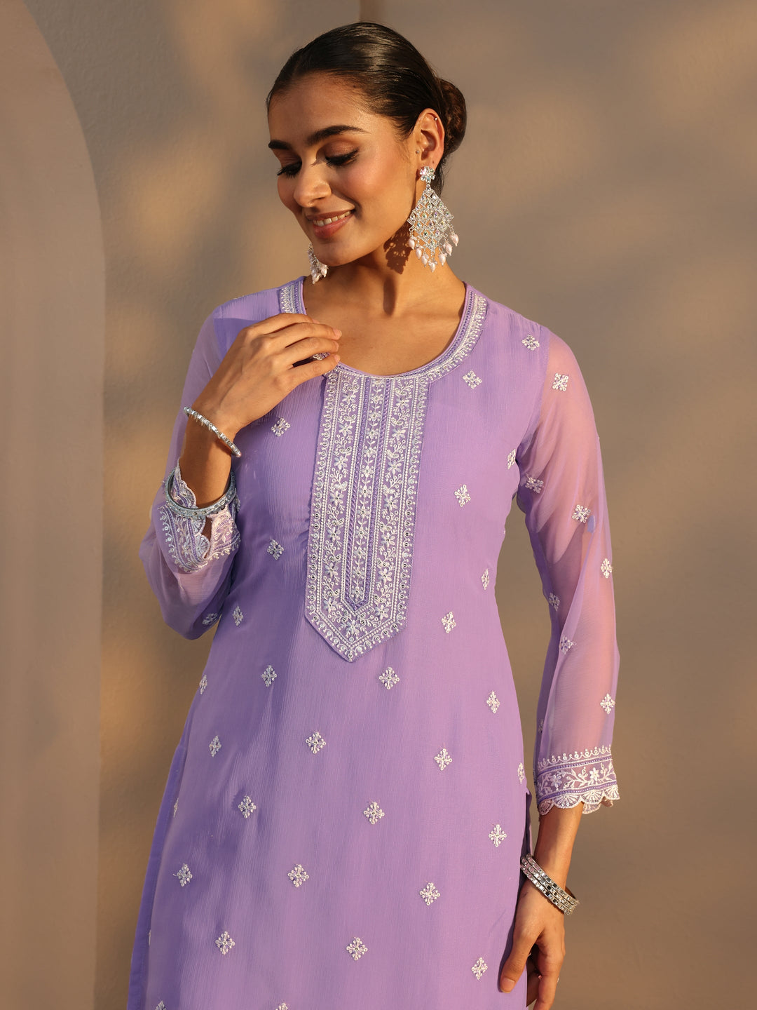 Lavender Floral Embroidered Silk Chiffon Straight Suit Set With Dupatta