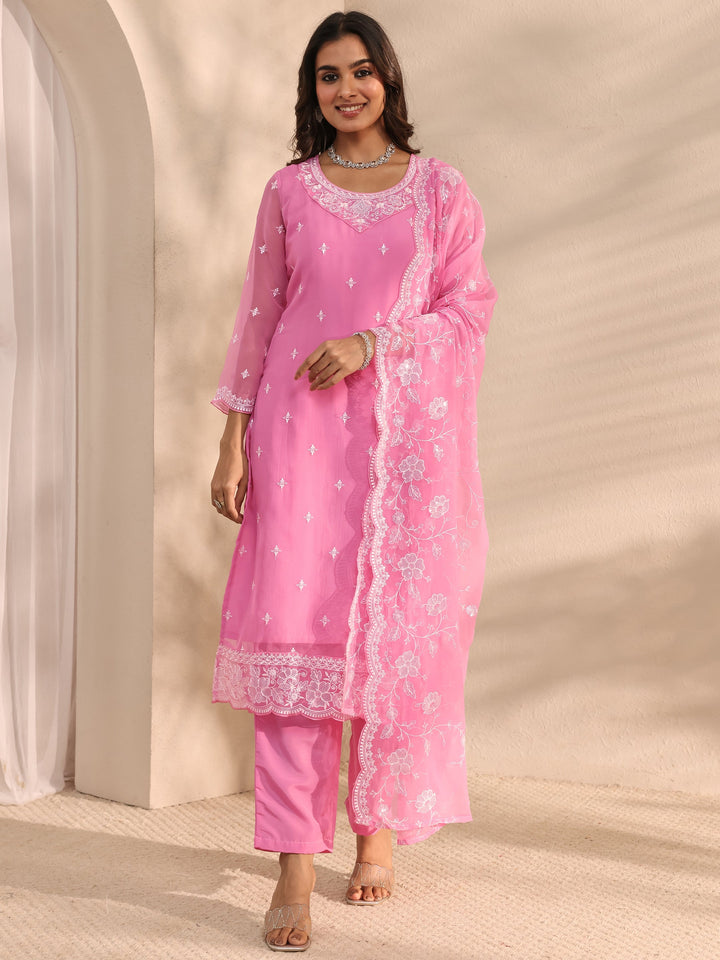 Pink Embroidered Chiffon Straight Suit Set With Dupatta