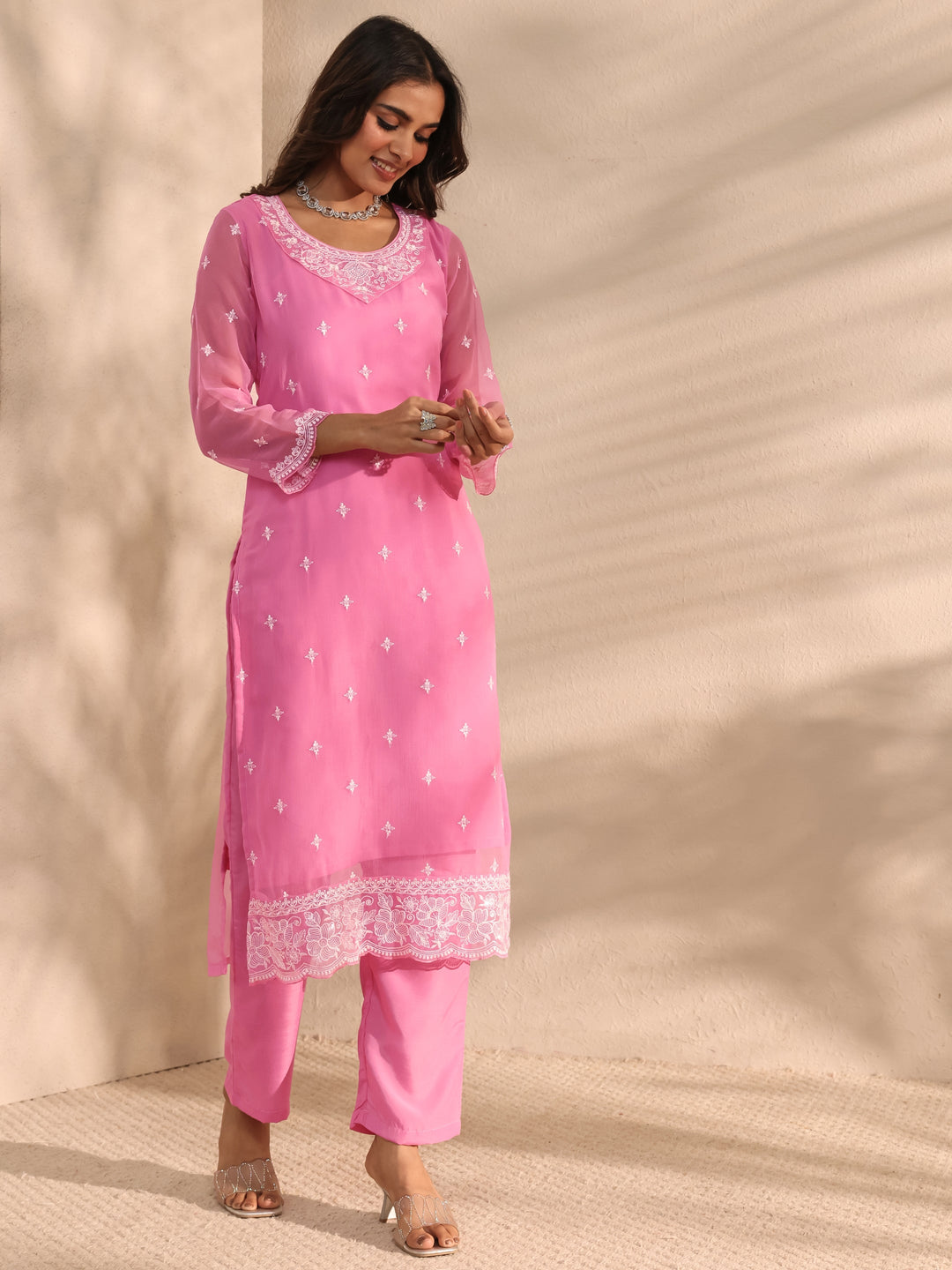 Pink Embroidered Chiffon Straight Suit Set With Dupatta