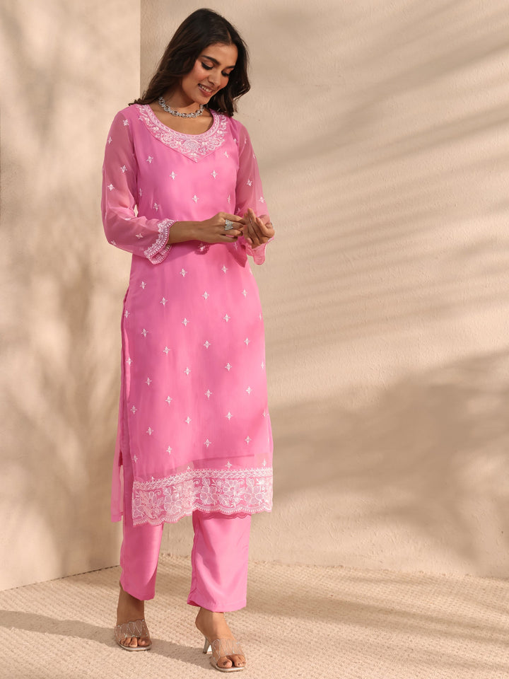 Pink Embroidered Chiffon Straight Suit Set With Dupatta