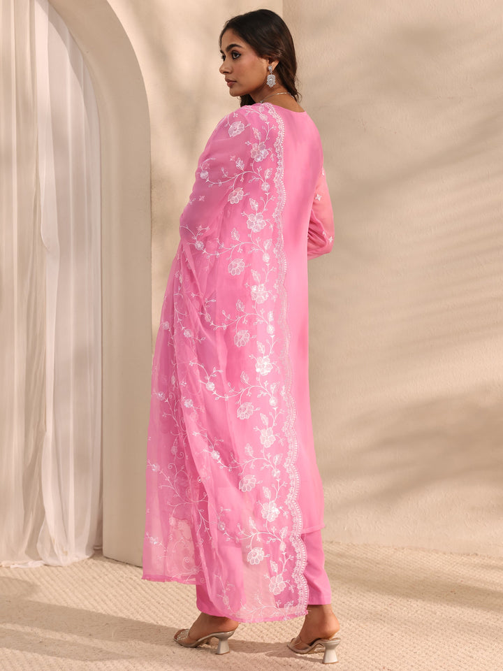 Pink Embroidered Chiffon Straight Suit Set With Dupatta