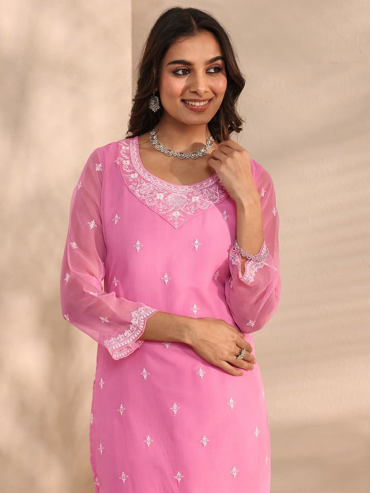Pink Embroidered Chiffon Straight Suit Set With Dupatta