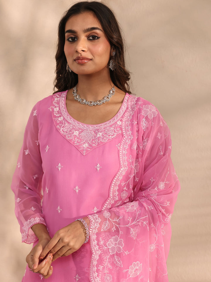 Pink Embroidered Chiffon Straight Suit Set With Dupatta