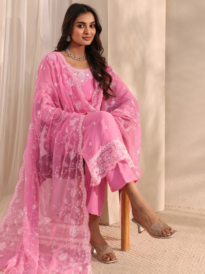 Pink Embroidered Chiffon Straight Suit Set With Dupatta
