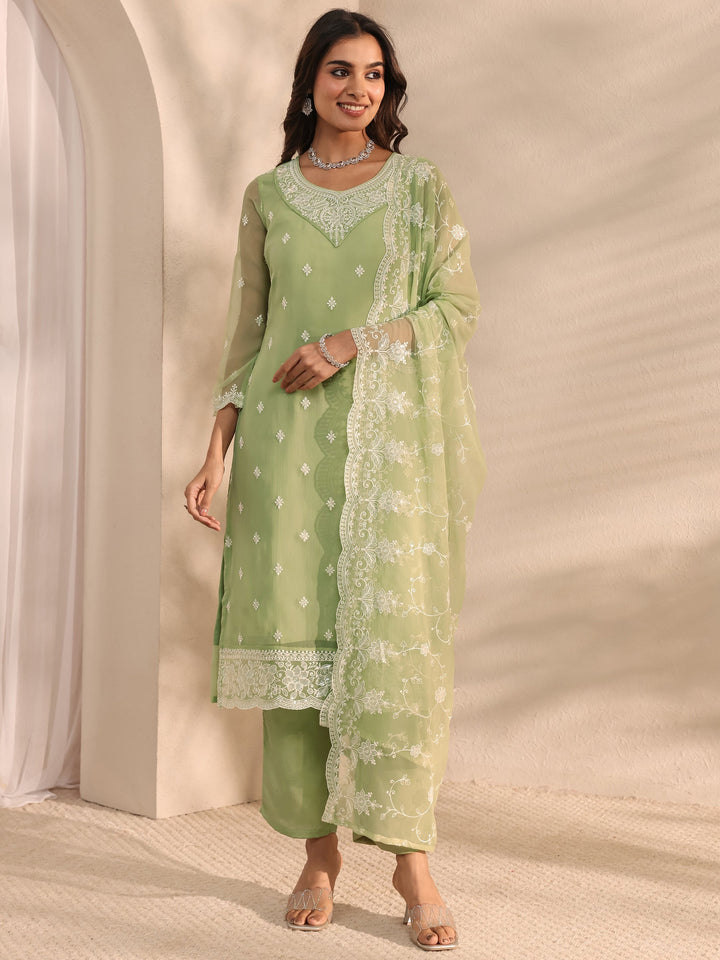 Green Embroidered Chiffon Straight Suit Set With Dupatta
