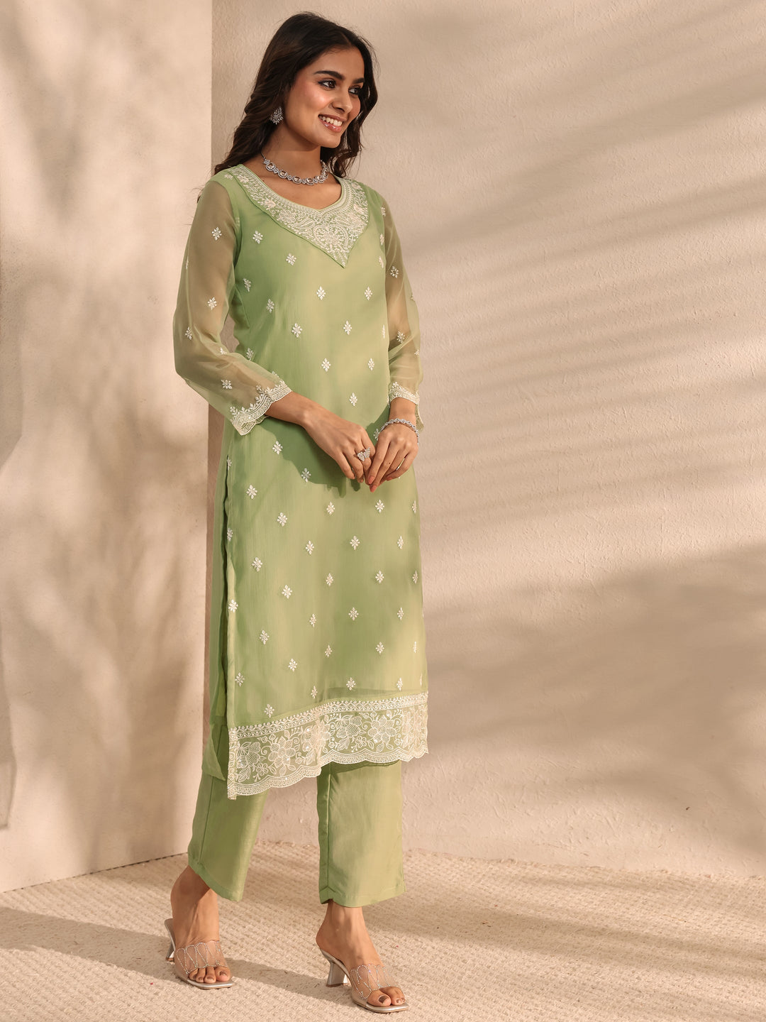 Green Embroidered Chiffon Straight Suit Set With Dupatta