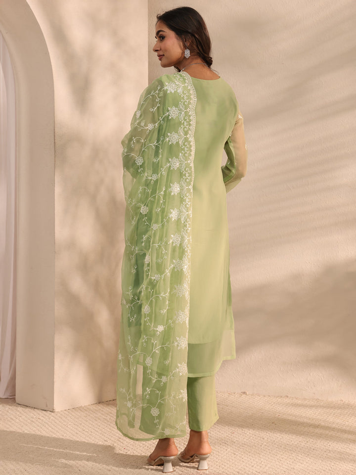 Green Embroidered Chiffon Straight Suit Set With Dupatta