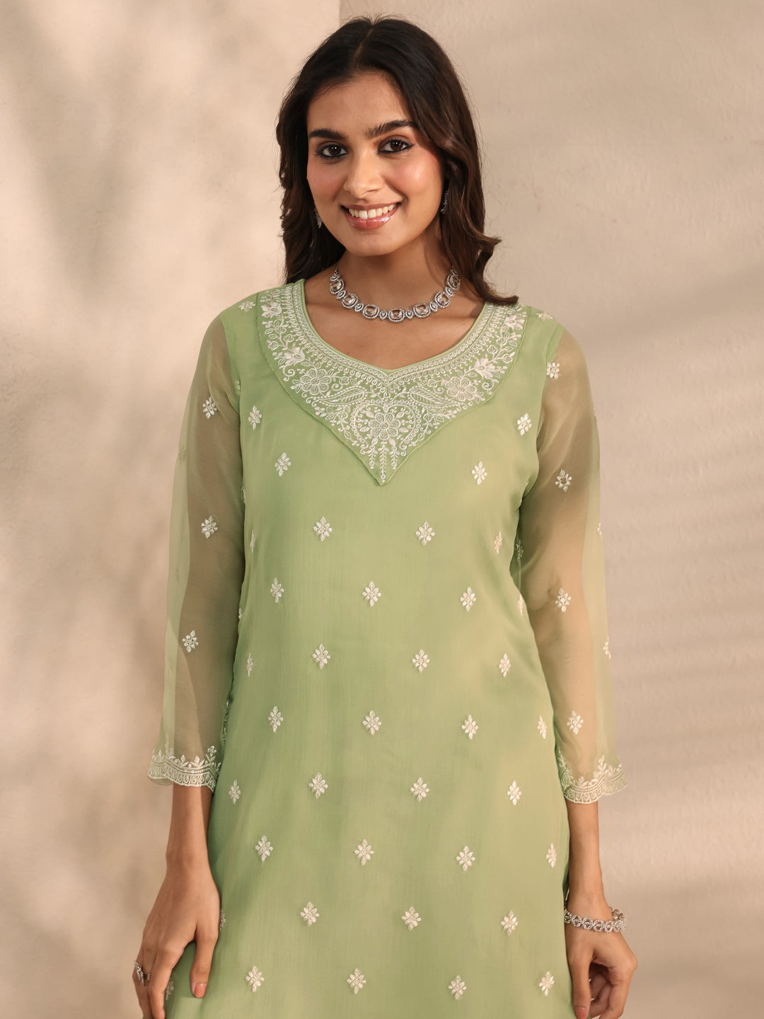 Green Embroidered Chiffon Straight Suit Set With Dupatta