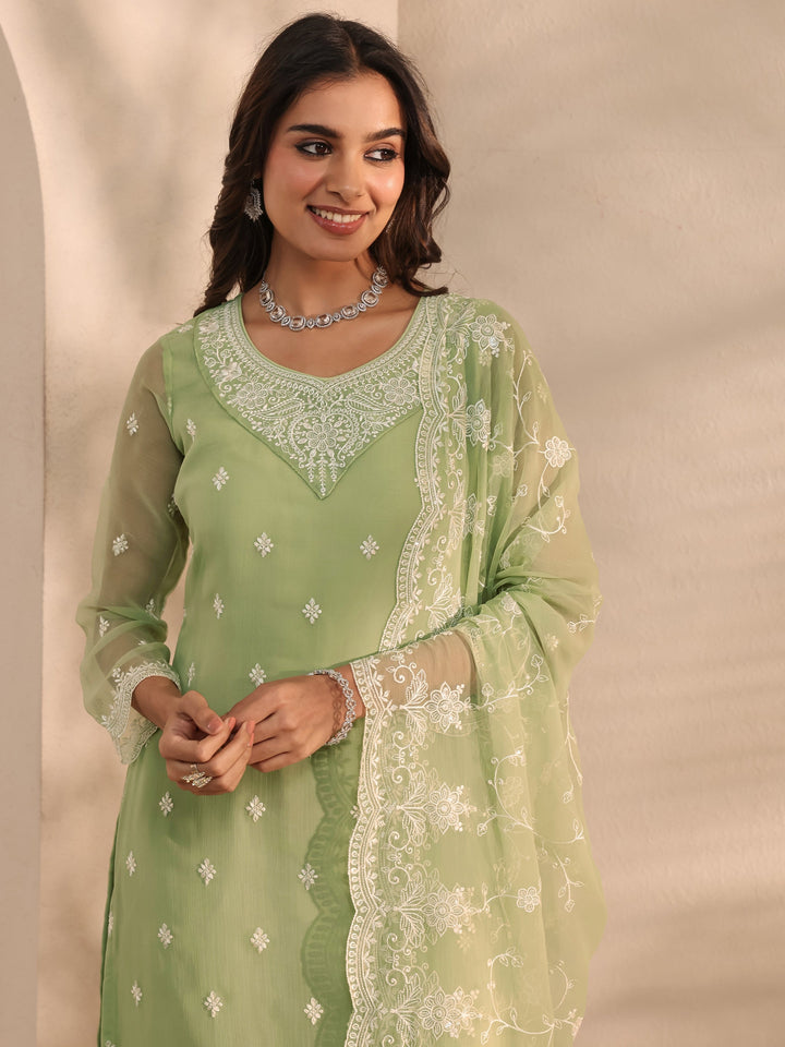 Green Embroidered Chiffon Straight Suit Set With Dupatta