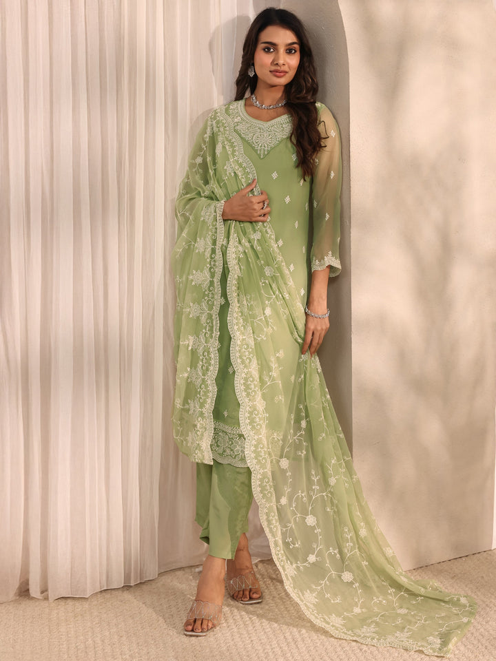 Green Embroidered Chiffon Straight Suit Set With Dupatta