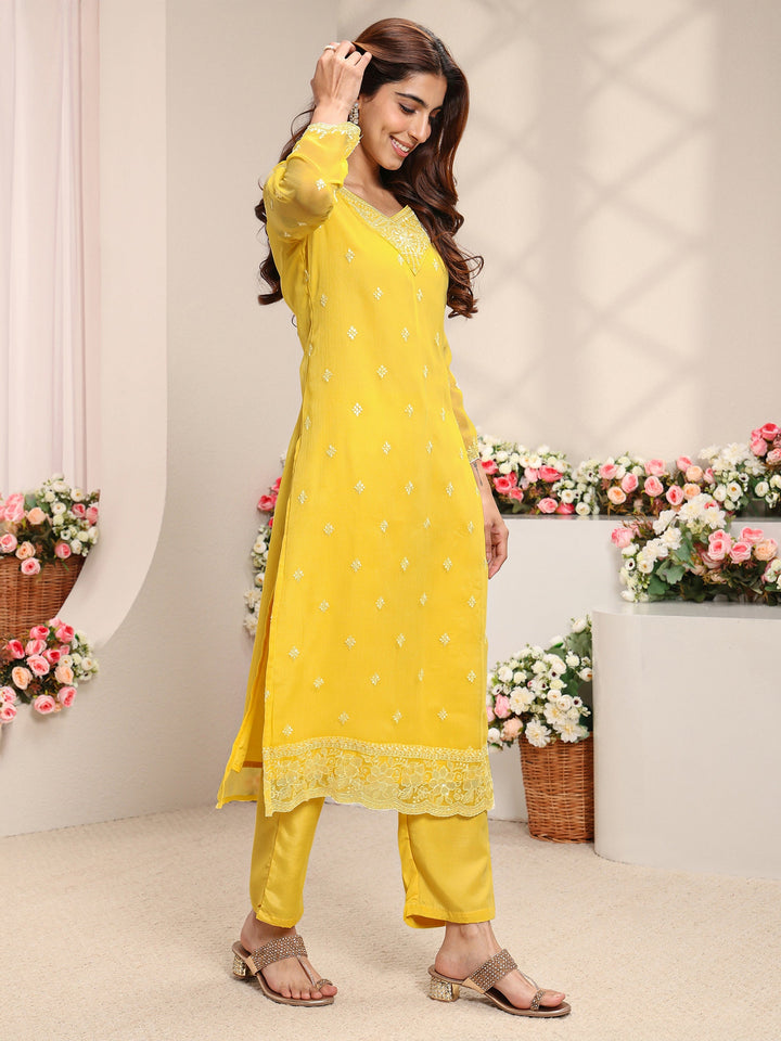 Yellow Floral Embroidered Chiffon Straight Suit Set With Dupatta