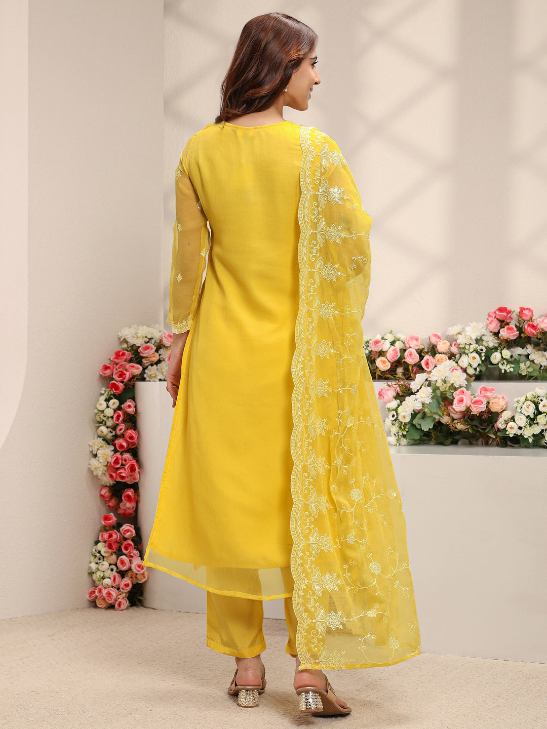 Yellow Floral Embroidered Chiffon Straight Suit Set With Dupatta