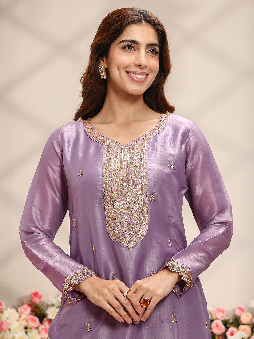Lavender Ethnic Embroidered Organza Straight Suit Set With Dupatta